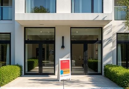 Modern building facade with 'For Lease' sign
